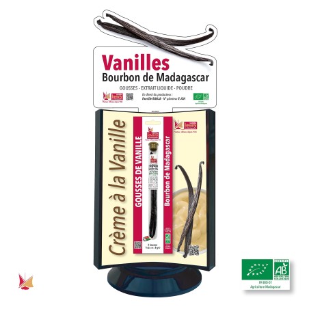 Présentoir de comptoir pour 3 produits Vanille LAVANY : Gousses, Extraits, Poudre Agriculture Biologique