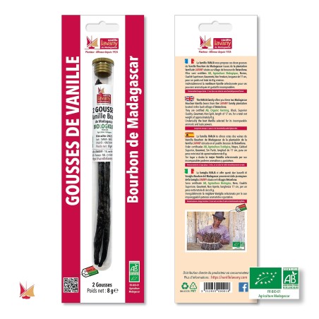 Blister de 2 Gousses de Vanille LAVANY Bourbon de Madagascar Agriculture Biologique Poids net total 8 g