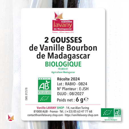 Label of 2 LAVANY Bourbon Vanilla Pods from Madagascar Organic Farming
