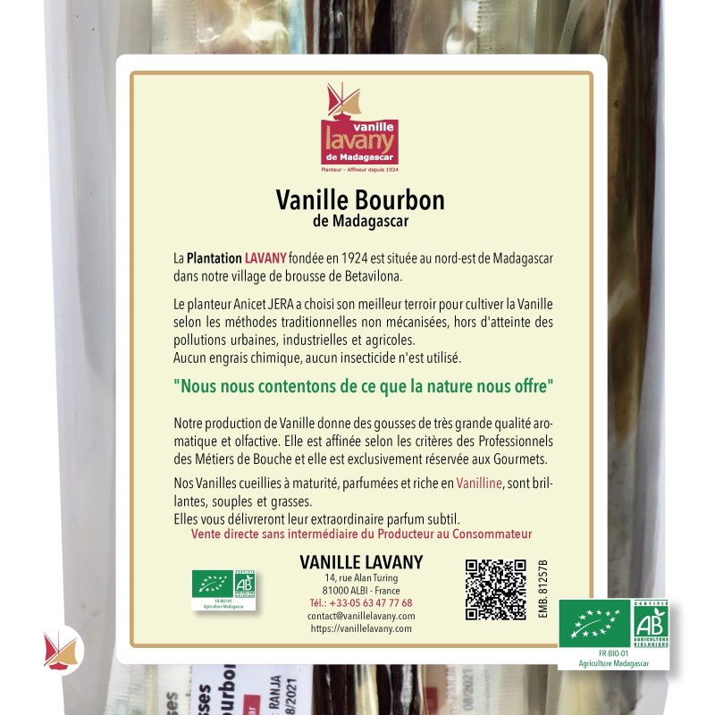 Label 25 refills 2 LAVANY Bourbon Vanilla Pods from Madagascar Organic Farming