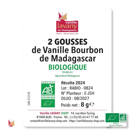 Etiquette de 2 Gousses de Vanille LAVANY Bourbon de Madagascar Agriculture Biologique Poids net total 8 g