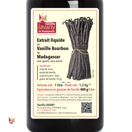 Etikett für 1 Liter Extrakt 400 von LAVANY Bourbon Vanille aus Madagaskar mit Körnern Konventionelle Landwirtschaft
