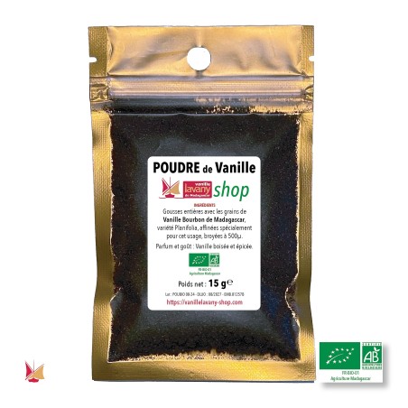 Ziplock sachet of 15 g of LAVANY Vanilla Powder from Bourbon pods from Madagascar Organic Farming