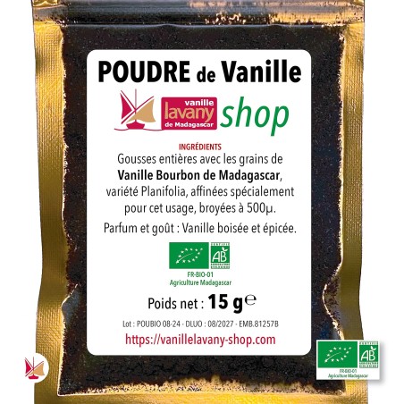 Label of 1 sachet of 15 g of LAVANY Vanilla Powder from Bourbon pods from Madagascar Organic Farming