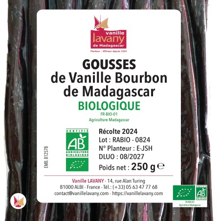 Etiquette de 1 Paquet sous vide de 250 g de gousses de Vanille LAVANY Bourbon de Madagascar Agriculture Biologique