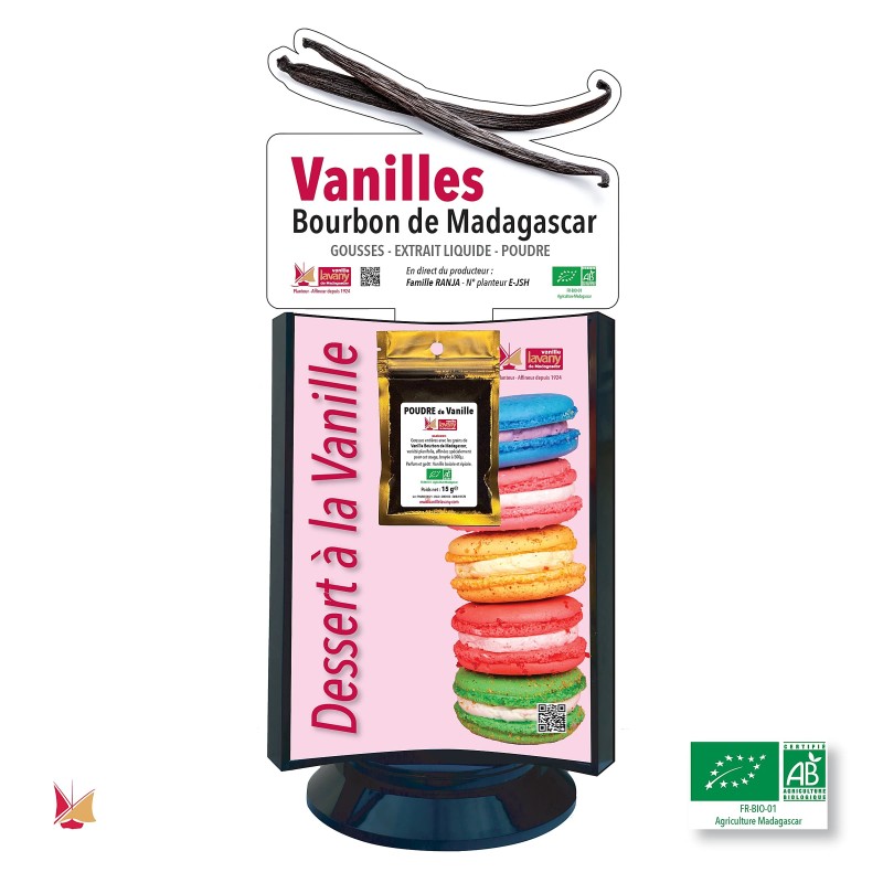 Présentoir de comptoir avec les 3 produits Vanille Biologique LAVANY Bourbon de Madagascar : Gousses, Extraits, Poudre