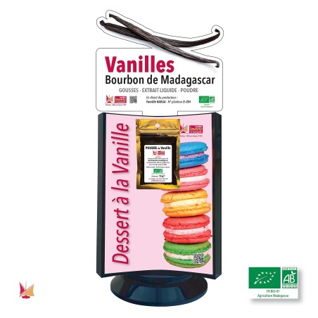 Présentoir de comptoir avec les 3 produits Vanille Biologique LAVANY Bourbon de Madagascar : Gousses, Extraits, Poudre