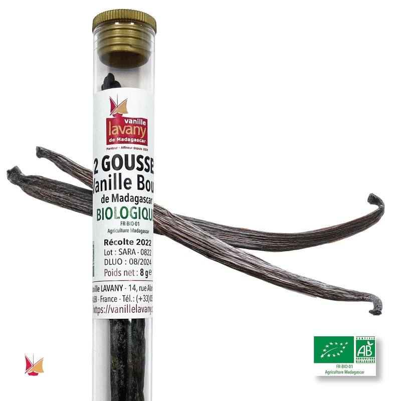2 Gousses de Vanille Biologique LAVANY Bourbon de Madagascar en tube de verre - Poids net total 8 g