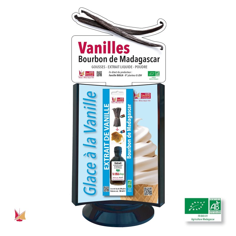 Présentoir de comptoir avec les 3 produits Vanille Biologique LAVANY Bourbon de Madagascar : Gousses, Extrait, Poudre